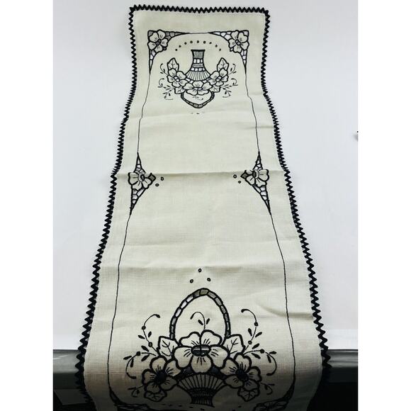 4 Pc Set Vintge Linen Table Runner Dresser Scarf Cutwork Floral Black Embroidery - Picture 7 of 16